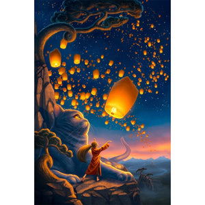 Giant Cat And Girl Flying Sky Lanterns 40*60CM(Picture) Full Round Drill Diamond Painting
