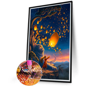 Giant Cat And Girl Flying Sky Lanterns 40*60CM(Picture) Full Round Drill Diamond Painting