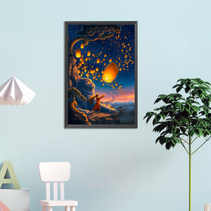 Giant Cat And Girl Flying Sky Lanterns 40*60CM(Picture) Full Round Drill Diamond Painting