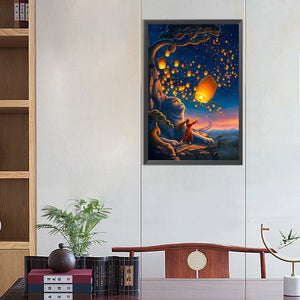 Giant Cat And Girl Flying Sky Lanterns 40*60CM(Picture) Full Round Drill Diamond Painting