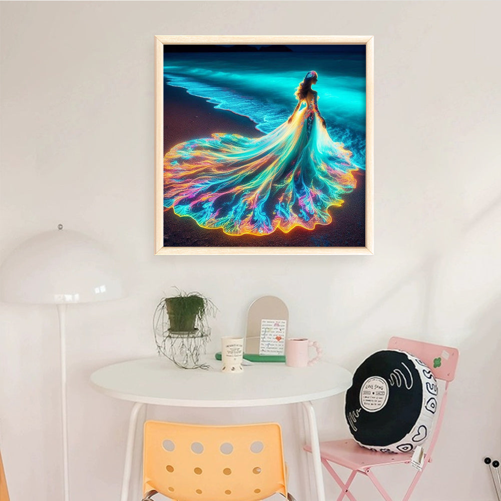 Girl In Glowing Beach Dress - Full 11CT Stamped Cross Stitch 45x45CM - Huacan