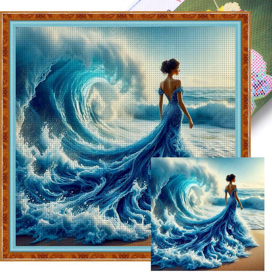 Girl On Beach Waves - Full 11CT Stamped Cross Stitch 45x45CM - Huacan