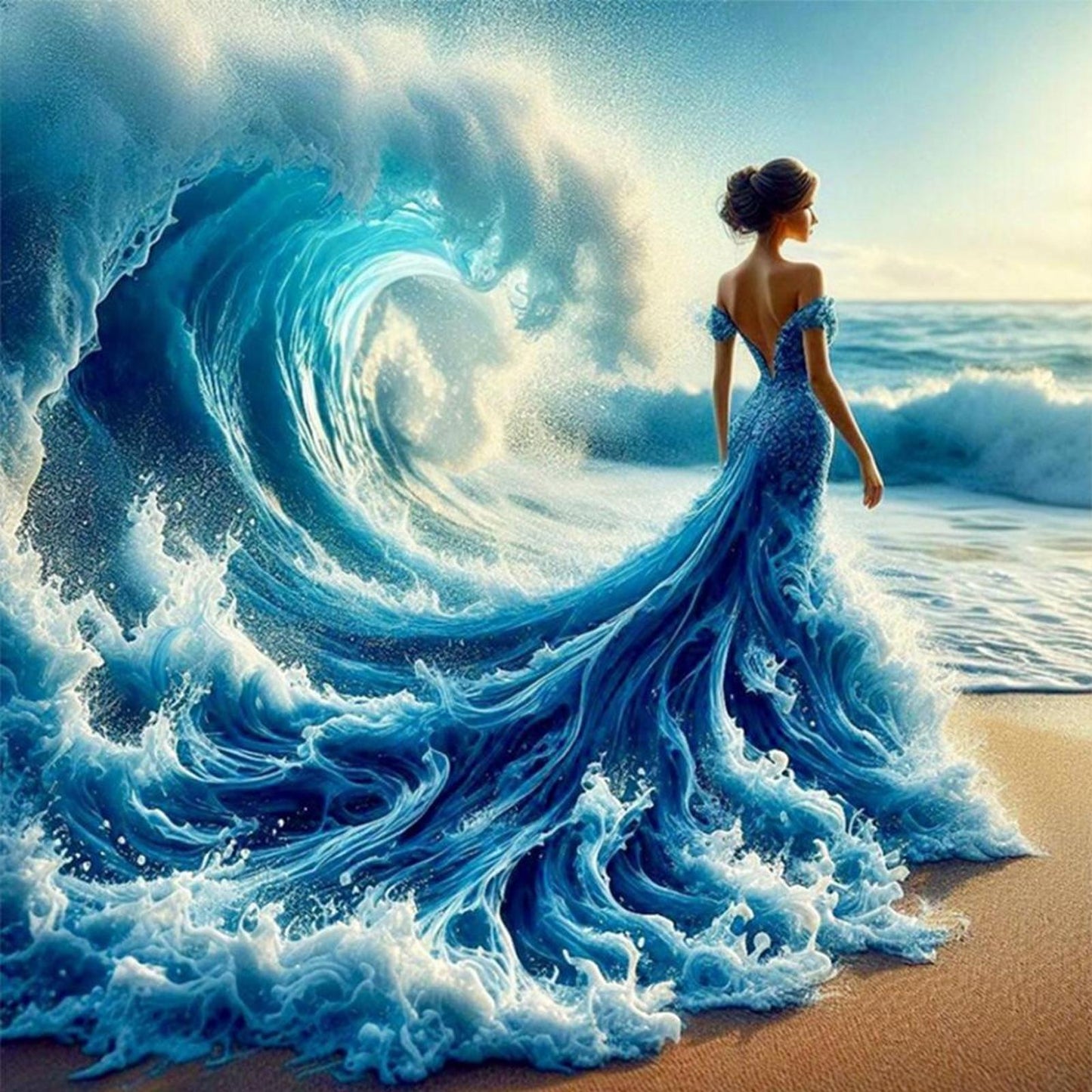 Girl On Beach Waves - Full 11CT Stamped Cross Stitch 45x45CM - Huacan
