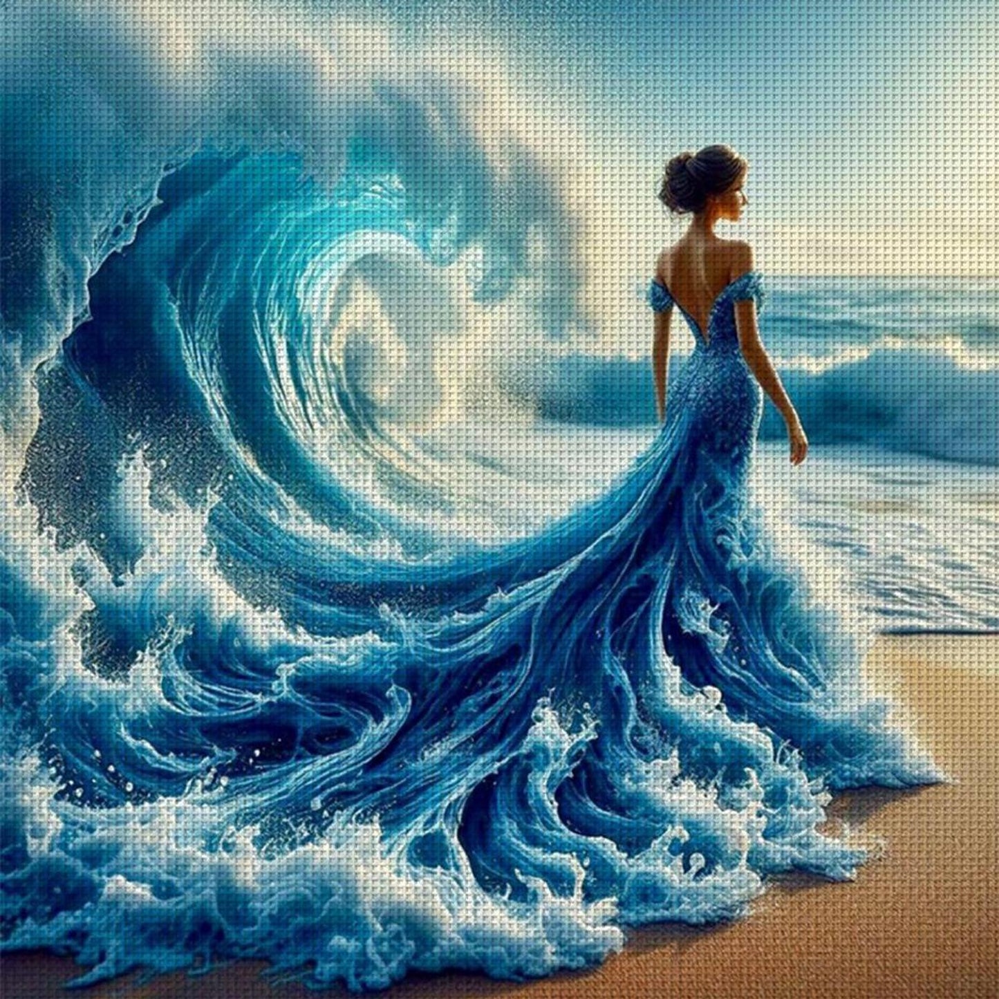 Girl On Beach Waves - Full 11CT Stamped Cross Stitch 45x45CM - Huacan