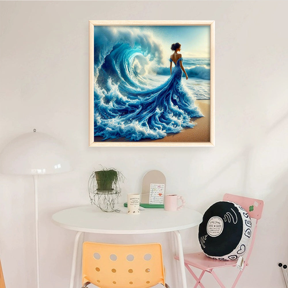 Girl On Beach Waves - Full 11CT Stamped Cross Stitch 45x45CM - Huacan