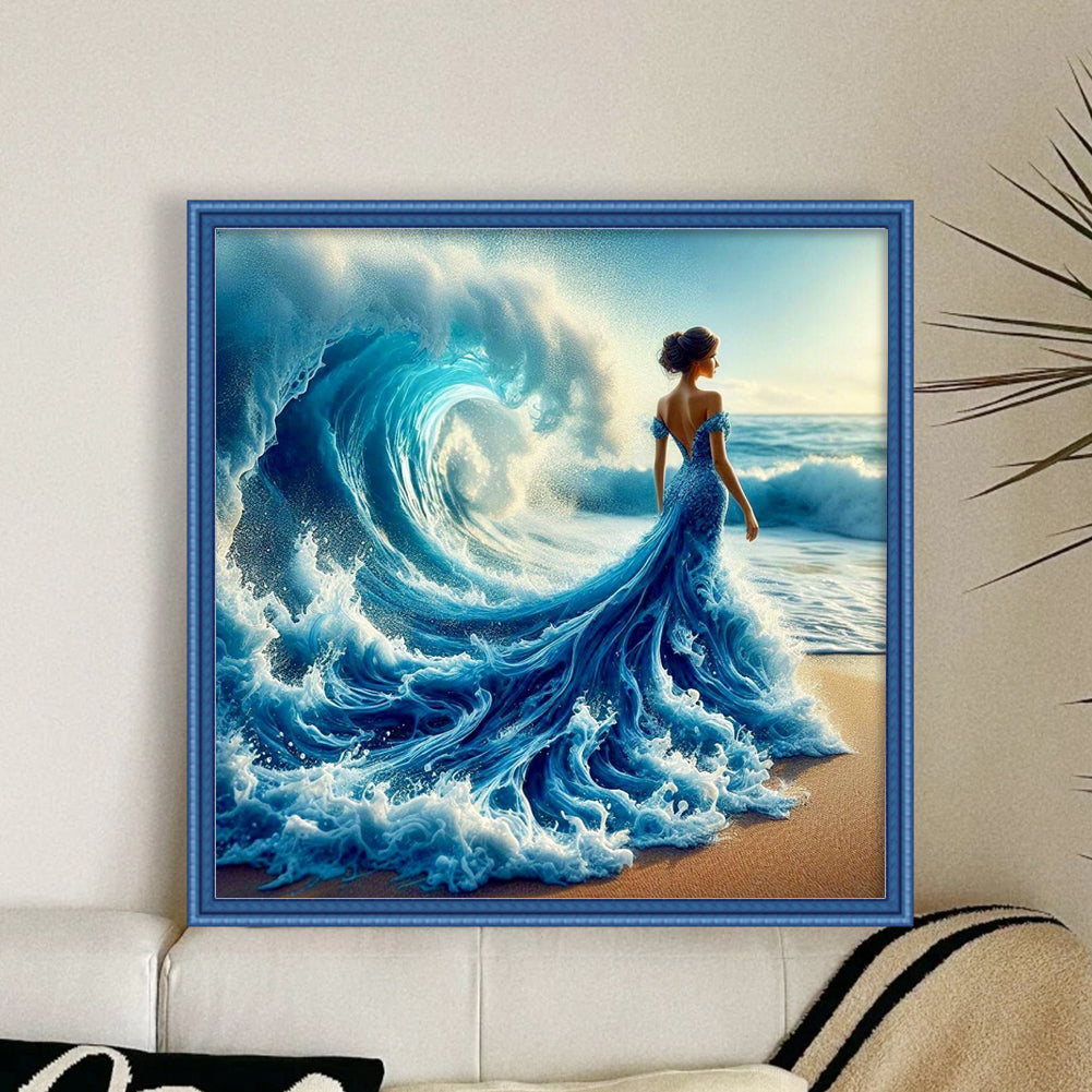 Girl On Beach Waves - Full 11CT Stamped Cross Stitch 45x45CM - Huacan