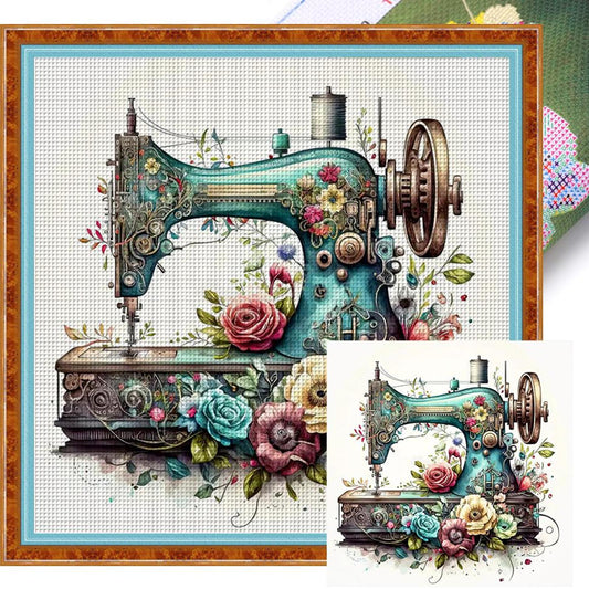 Floral Sewing Machine - Full 18CT Stamped Cross Stitch 40x40CM - Huacan