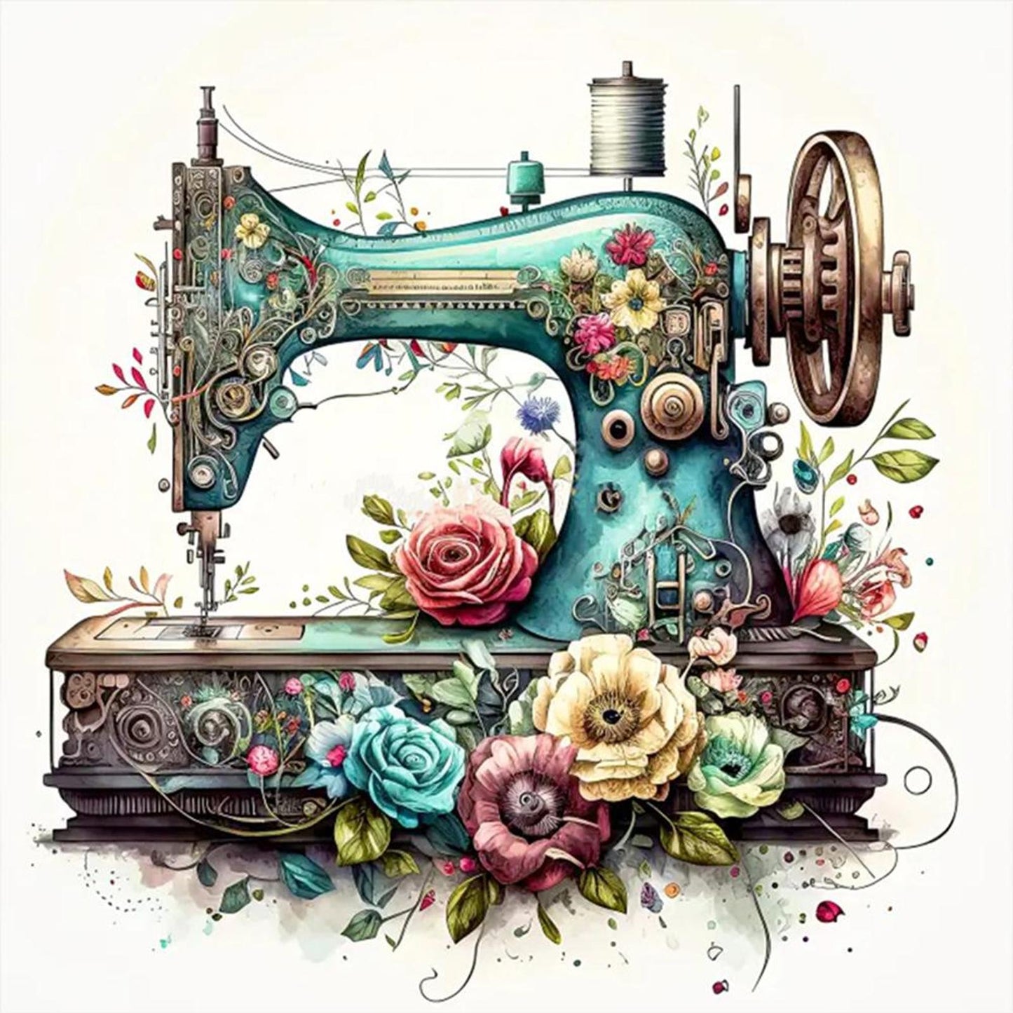 Floral Sewing Machine - Full 18CT Stamped Cross Stitch 40x40CM - Huacan