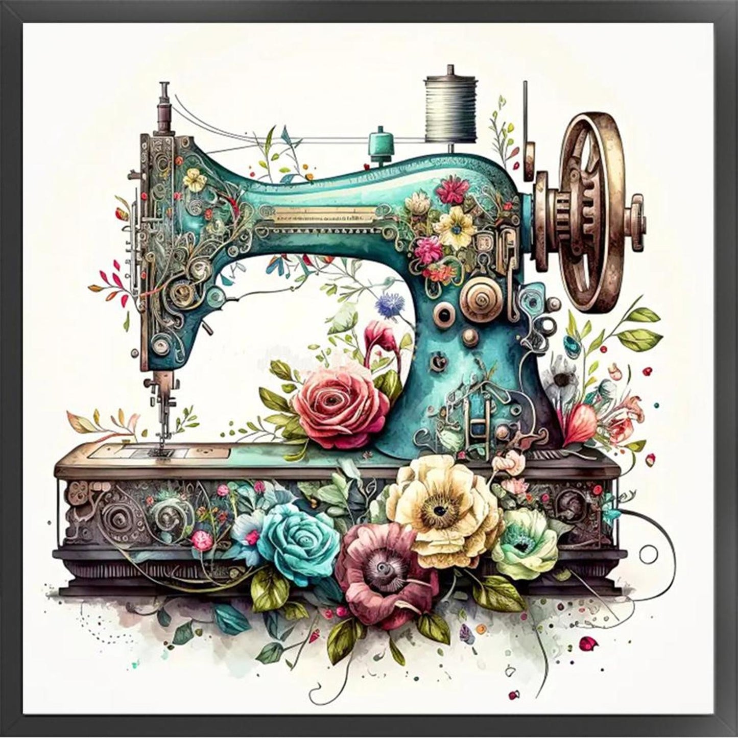 Floral Sewing Machine - Full 18CT Stamped Cross Stitch 40x40CM - Huacan