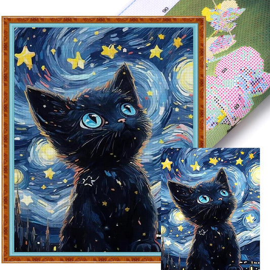 Cute Cat Under Starry Sky - Full 11CT Stamped Cross Stitch 40x50CM - Yishu