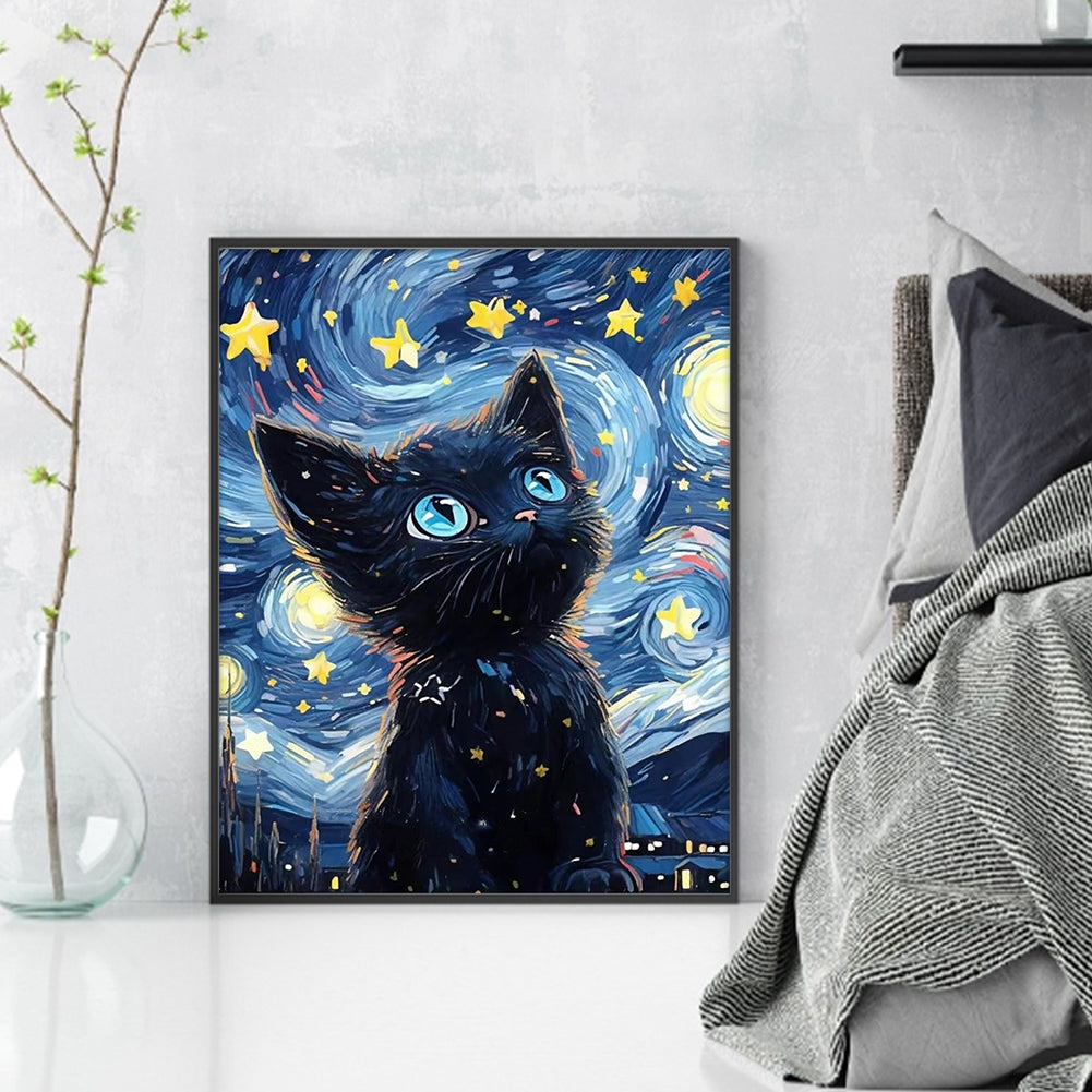 Cute Cat Under Starry Sky - Full 11CT Stamped Cross Stitch 40x50CM - Yishu