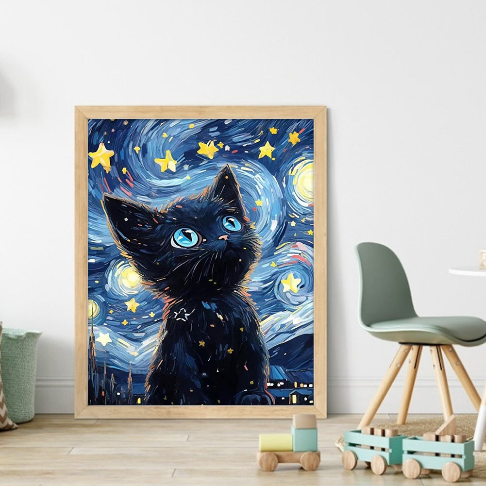 Cute Cat Under Starry Sky - Full 11CT Stamped Cross Stitch 40x50CM - Yishu