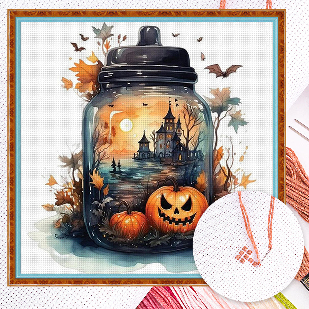 Pumpkin In Bottle For Halloween - Full 11CT Counted Cross Stitch 45x45CM - Yishu