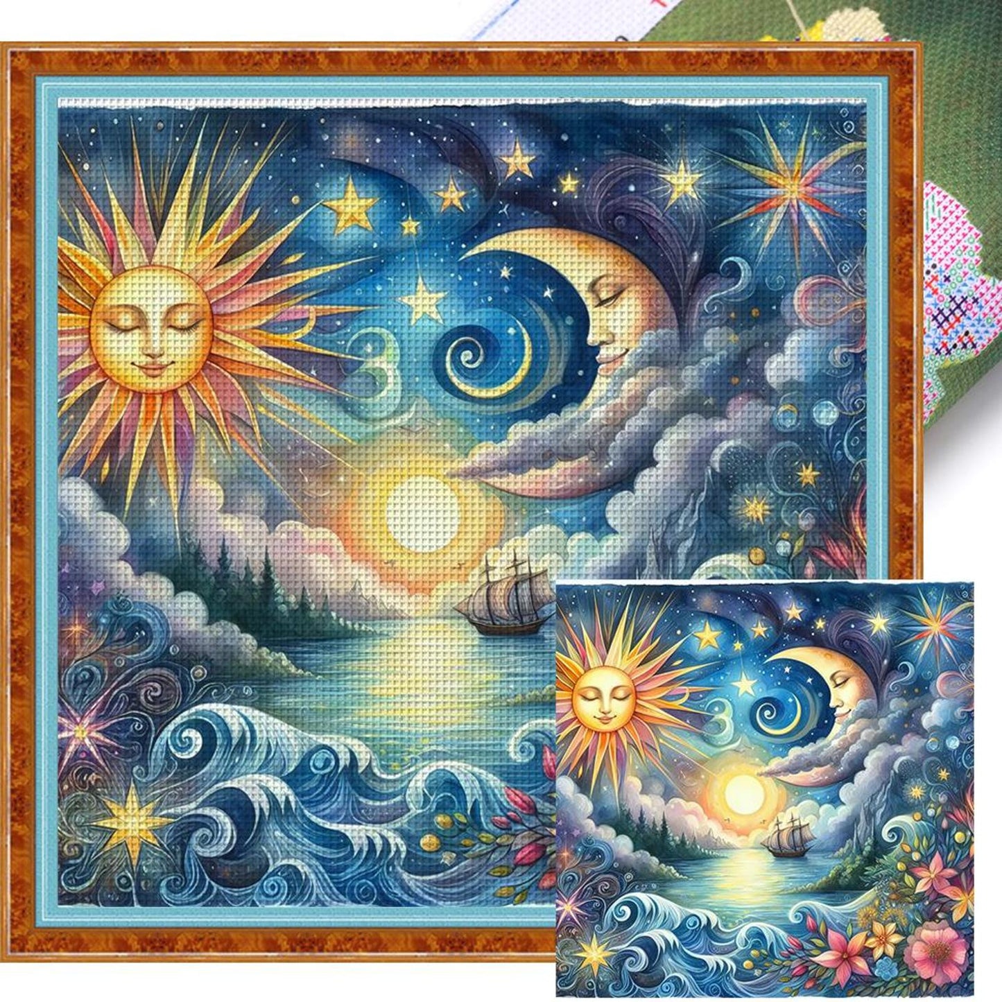 Sun, Moon, Ocean And Flowers - Full 11CT Stamped Cross Stitch 40x40CM - Yishu