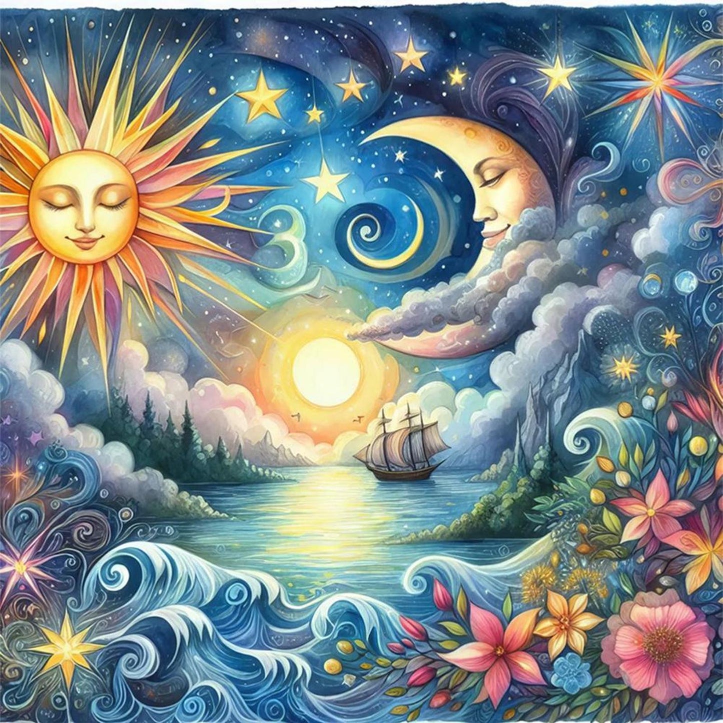Sun, Moon, Ocean And Flowers - Full 11CT Stamped Cross Stitch 40x40CM - Yishu