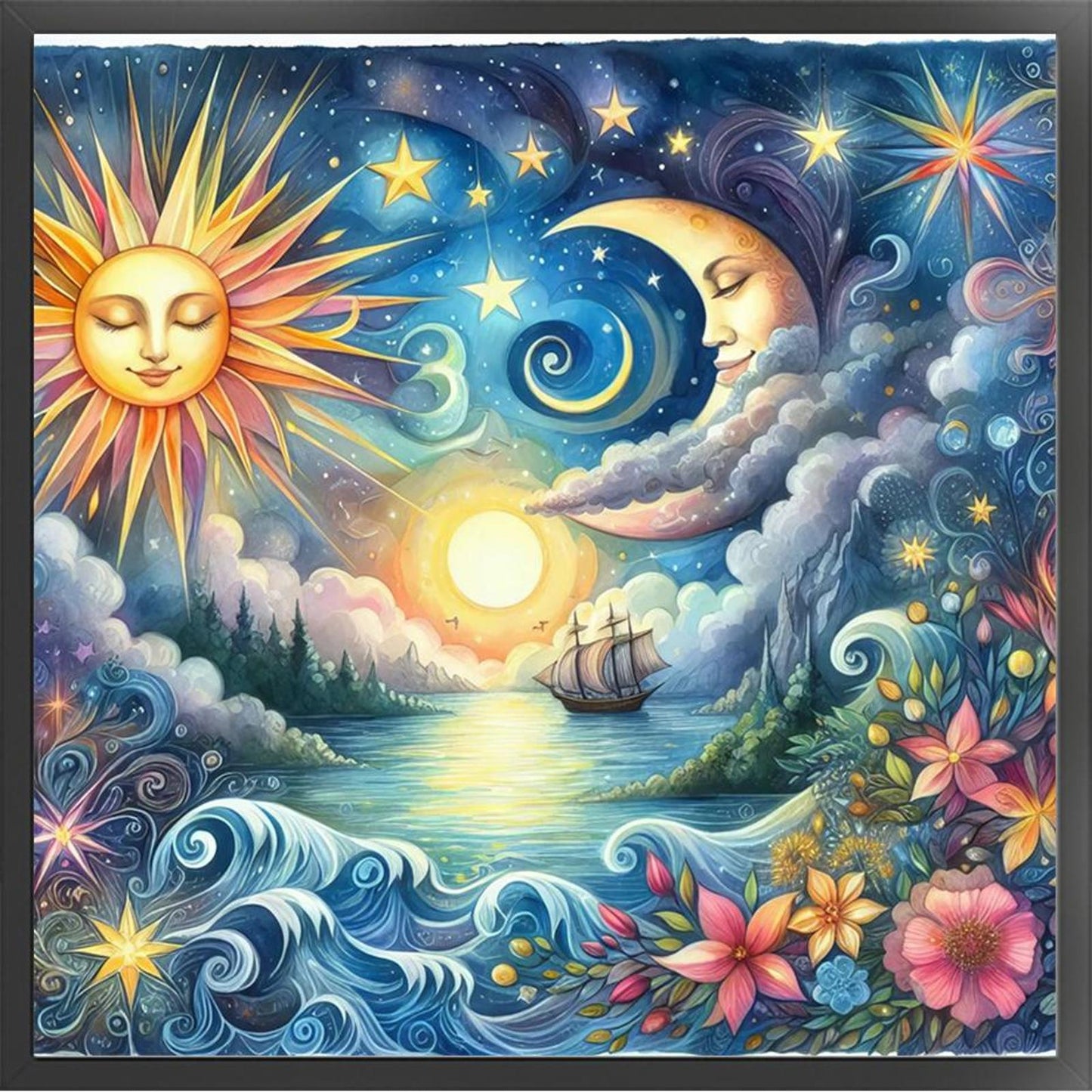 Sun, Moon, Ocean And Flowers - Full 11CT Stamped Cross Stitch 40x40CM - Yishu