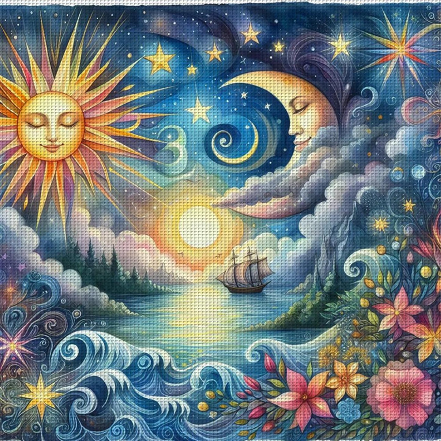 Sun, Moon, Ocean And Flowers - Full 11CT Stamped Cross Stitch 40x40CM - Yishu