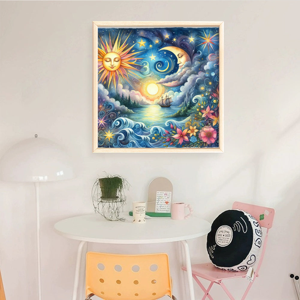 Sun, Moon, Ocean And Flowers - Full 11CT Stamped Cross Stitch 40x40CM - Yishu