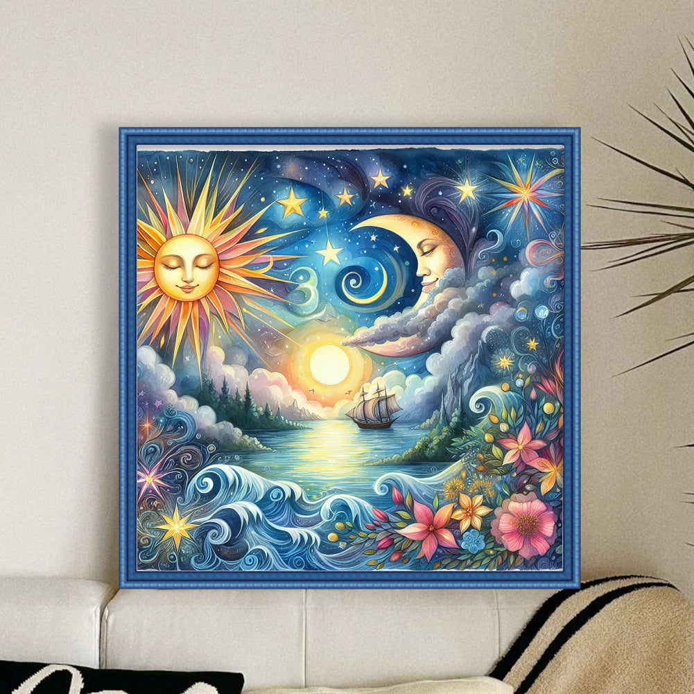 Sun, Moon, Ocean And Flowers - Full 11CT Stamped Cross Stitch 40x40CM - Yishu