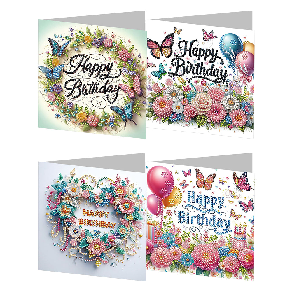 4PCS DIY Diamond Art Greeting Cards for Festivals and Celebrations (Birthday )