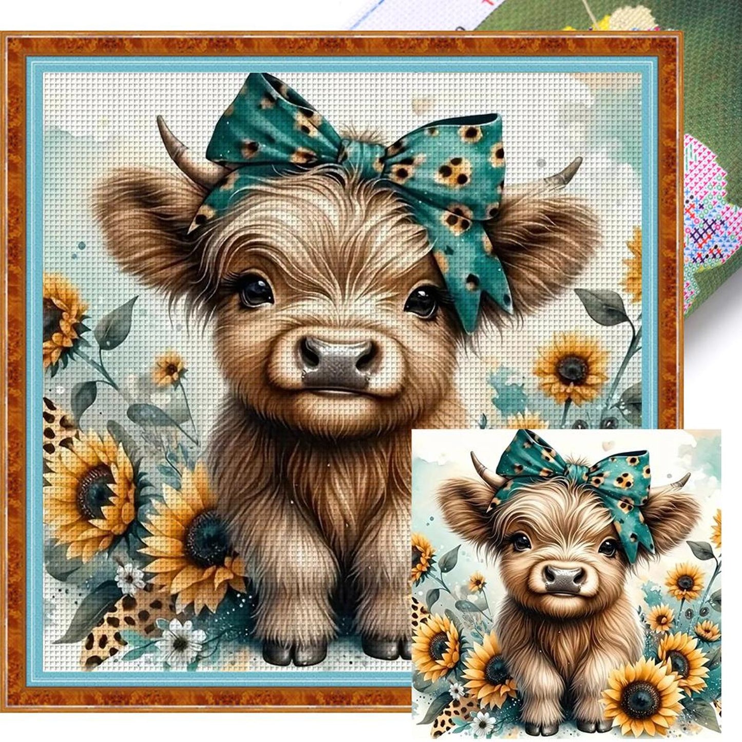 Highland Cow And Sunflower - Full 11CT Stamped Cross Stitch 40x40CM - Yishu