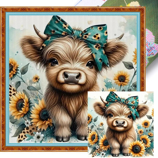 Highland Cow And Sunflower - Full 11CT Stamped Cross Stitch 40x40CM - Yishu