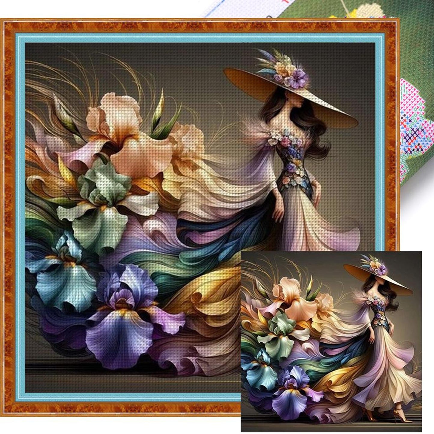 Girl In Floral Dress - Full 11CT Stamped Cross Stitch 45x45CM - Huacan