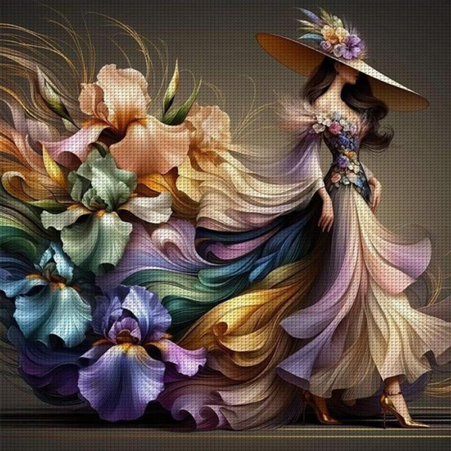 Girl In Floral Dress - Full 11CT Stamped Cross Stitch 45x45CM - Huacan