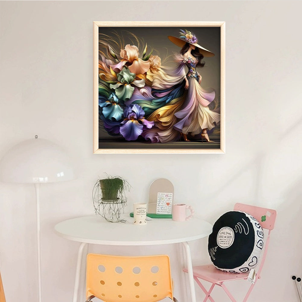 Girl In Floral Dress - Full 11CT Stamped Cross Stitch 45x45CM - Huacan
