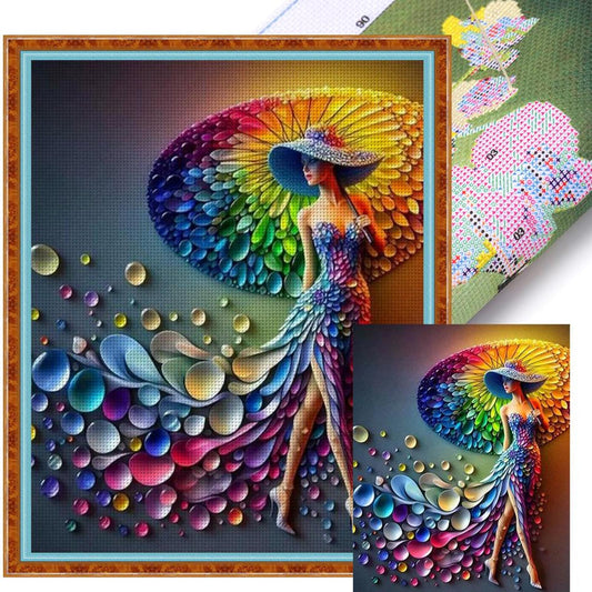 Woman With Colorful Umbrella - Full 11CT Stamped Cross Stitch 40x50CM - Huacan
