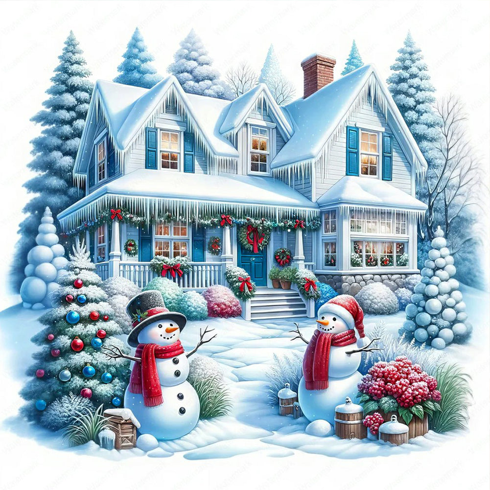 Christmas Tree And Snowman Hut 40*40CM(Canvas) Full Round Drill Diamond Painting