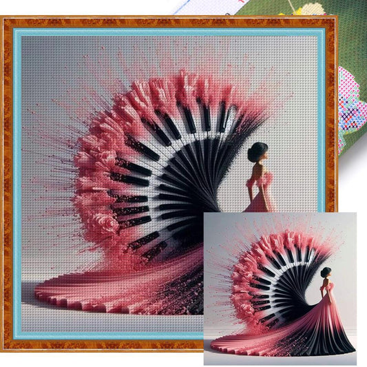Girl At Piano - Full 11CT Stamped Cross Stitch 40x40CM - Yishu