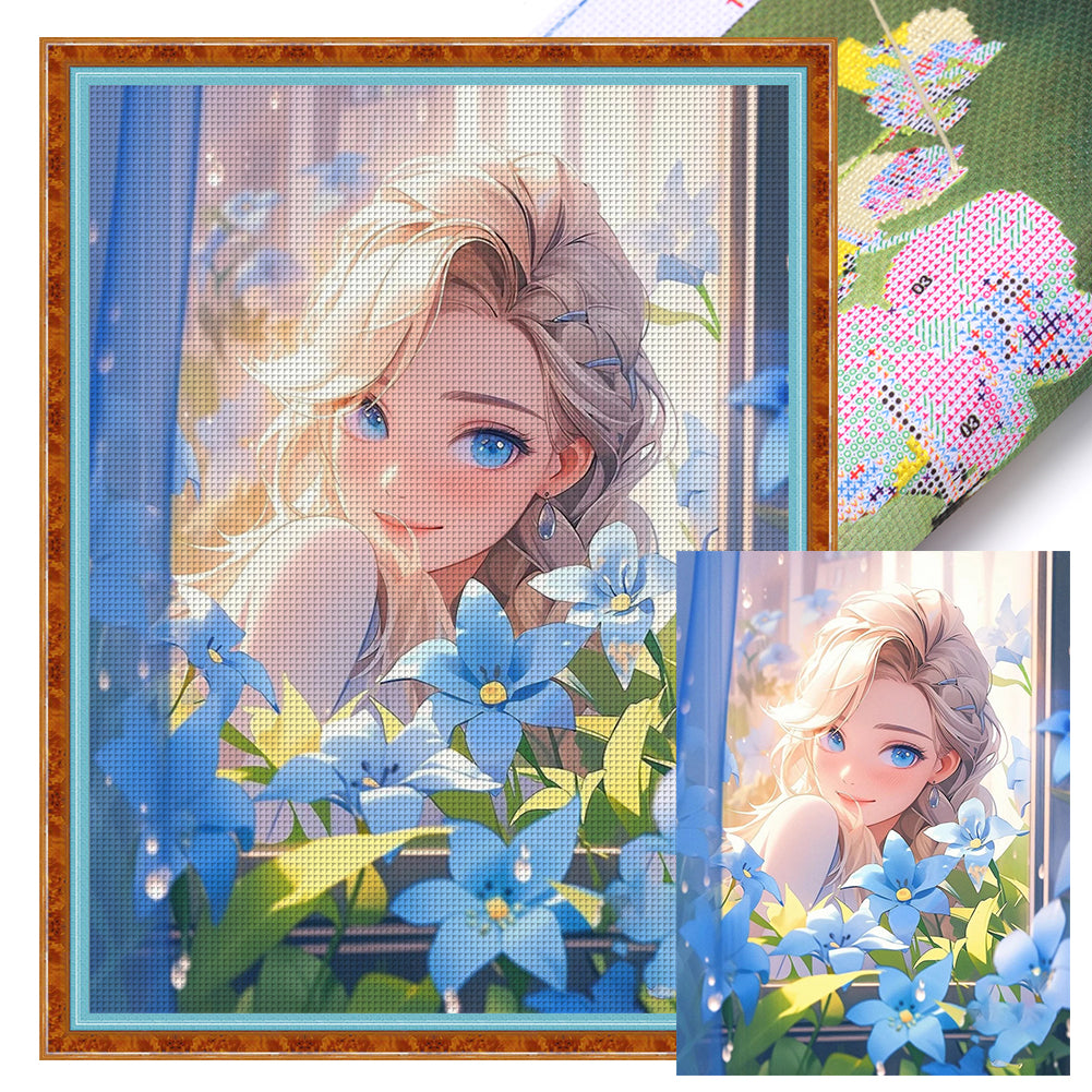 Yishu - Girl And Flowers By The Window - 50*65CM 11CT 3 Stamped Cross Stitch