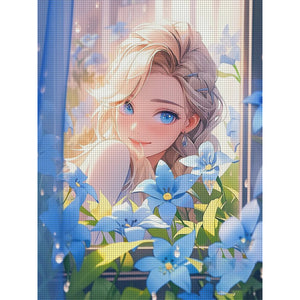 Yishu - Girl And Flowers By The Window - 50*65CM 11CT 3 Stamped Cross Stitch