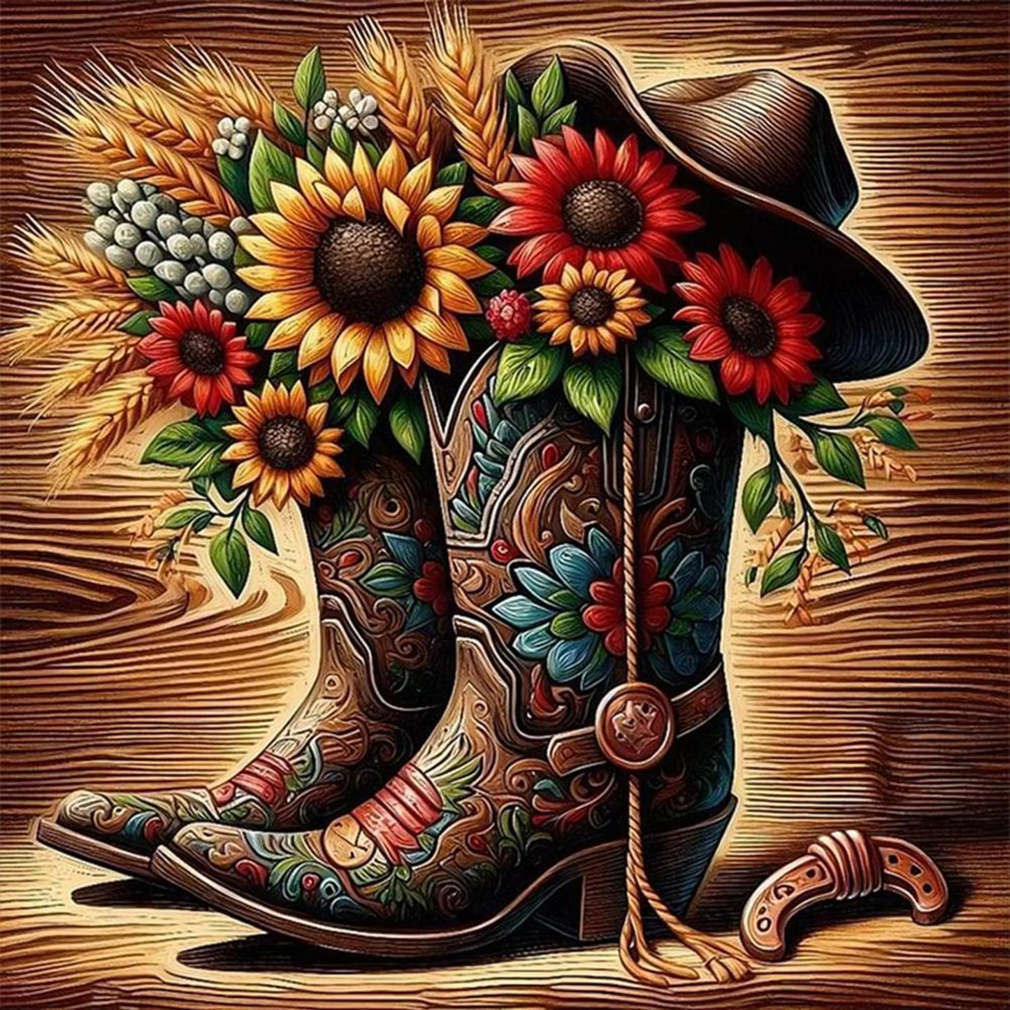 Sunflower Boots - Full 11CT Stamped Cross Stitch 40x40CM - Huacan