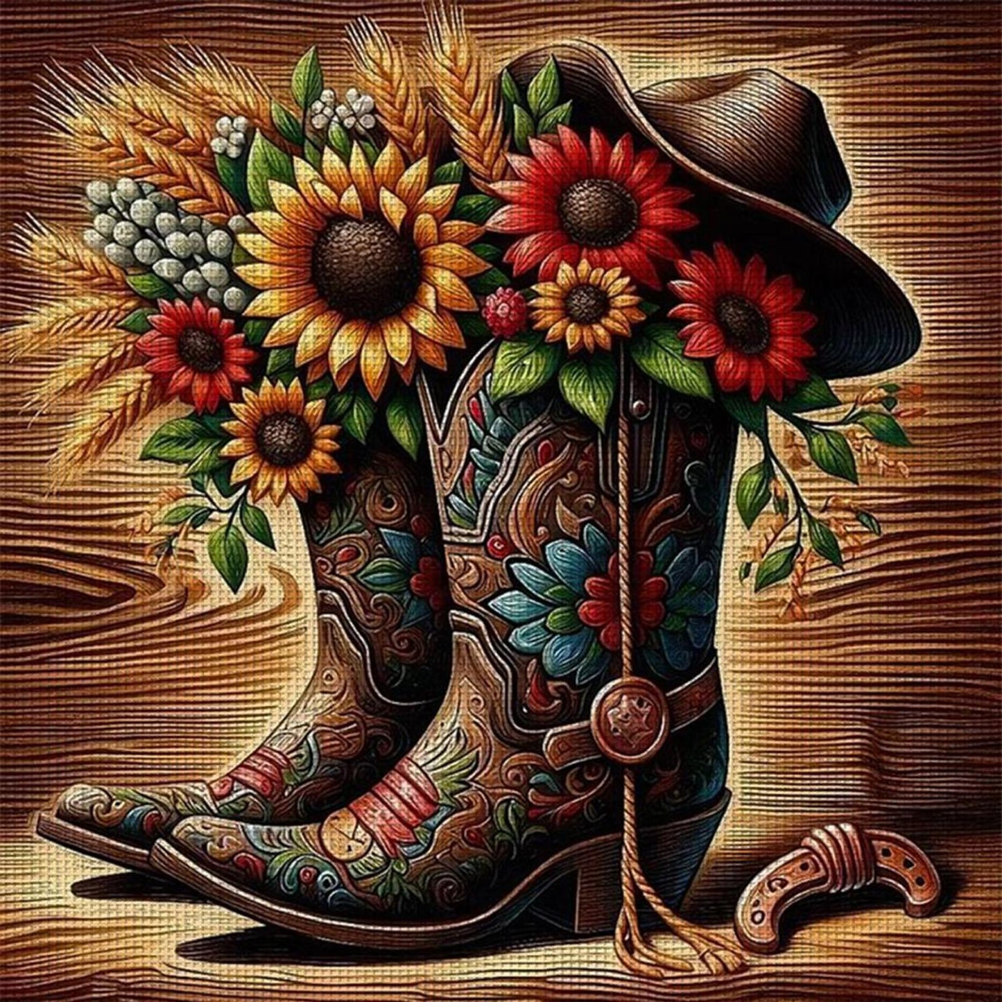 Sunflower Boots - Full 11CT Stamped Cross Stitch 40x40CM - Huacan