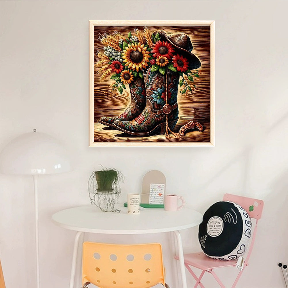 Sunflower Boots - Full 11CT Stamped Cross Stitch 40x40CM - Huacan