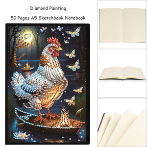 Cute Animal 5D Diamond Painting Notebook Diamond Art Diary Book (White Rooster)