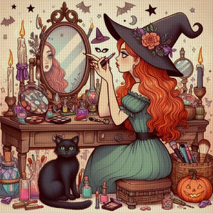 Yishu - Witch Wearing Makeup - 50*50CM 11CT 3 Stamped Cross Stitch