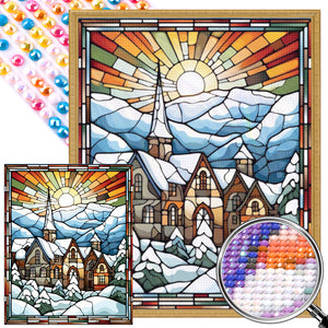 Glass Painting Of A Snowy Town Under The Morning Sun 40*50CM(Picture) Full Round Drill Diamond Painting
