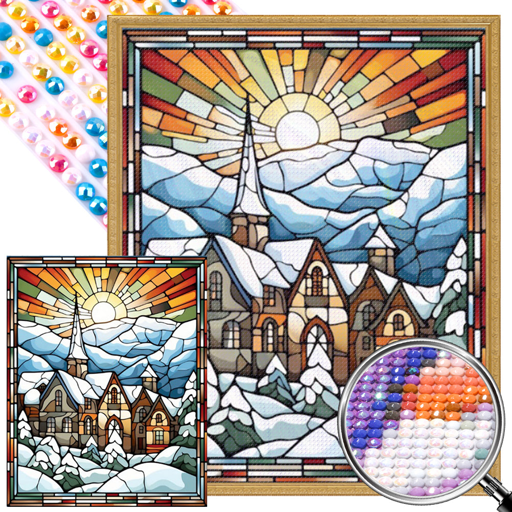Glass Painting Of A Snowy Town Under The Morning Sun 40*50CM(Picture) Full Round Drill Diamond Painting