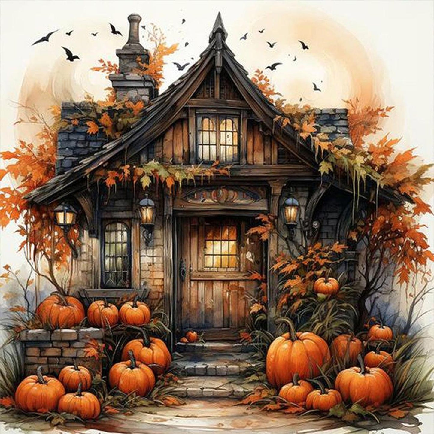 Halloween Cabin - Full 11CT Stamped Cross Stitch 40x40CM - Yishu