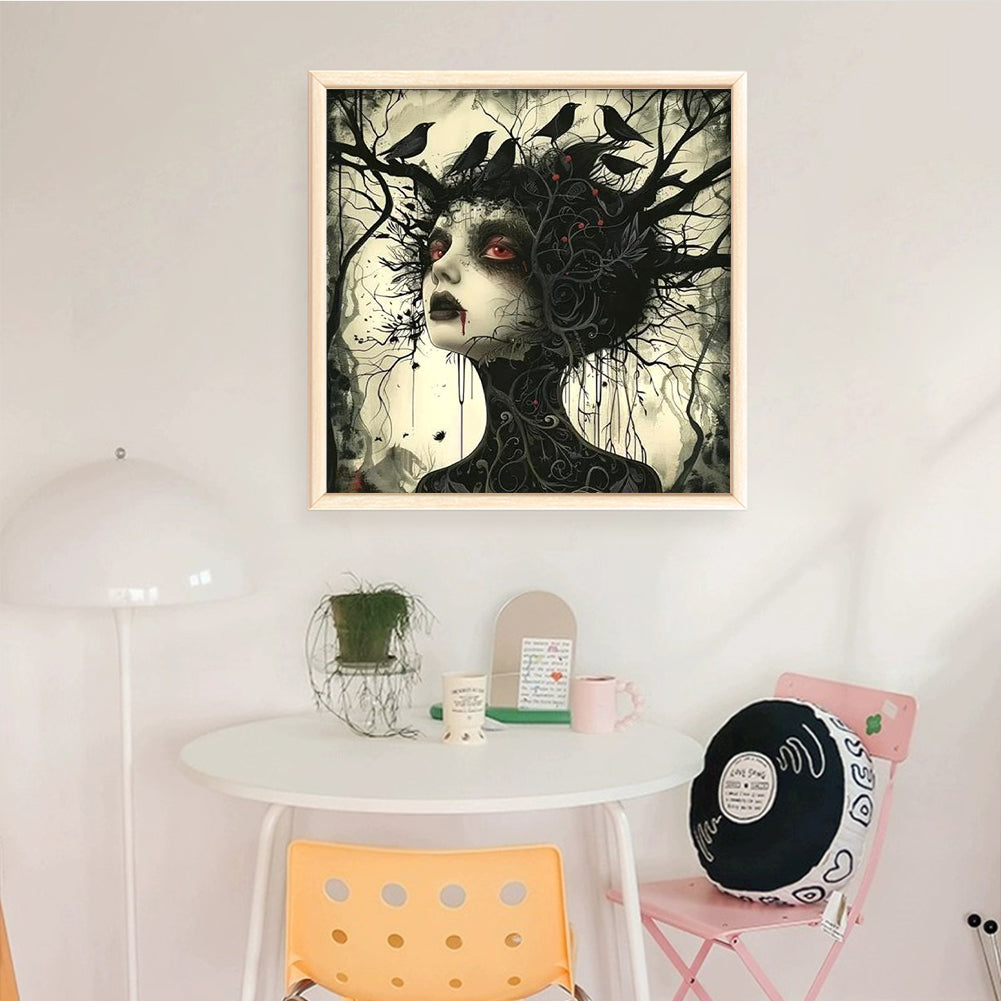 Girl With Crow - Full 11CT Stamped Cross Stitch 40x40CM - Huacan