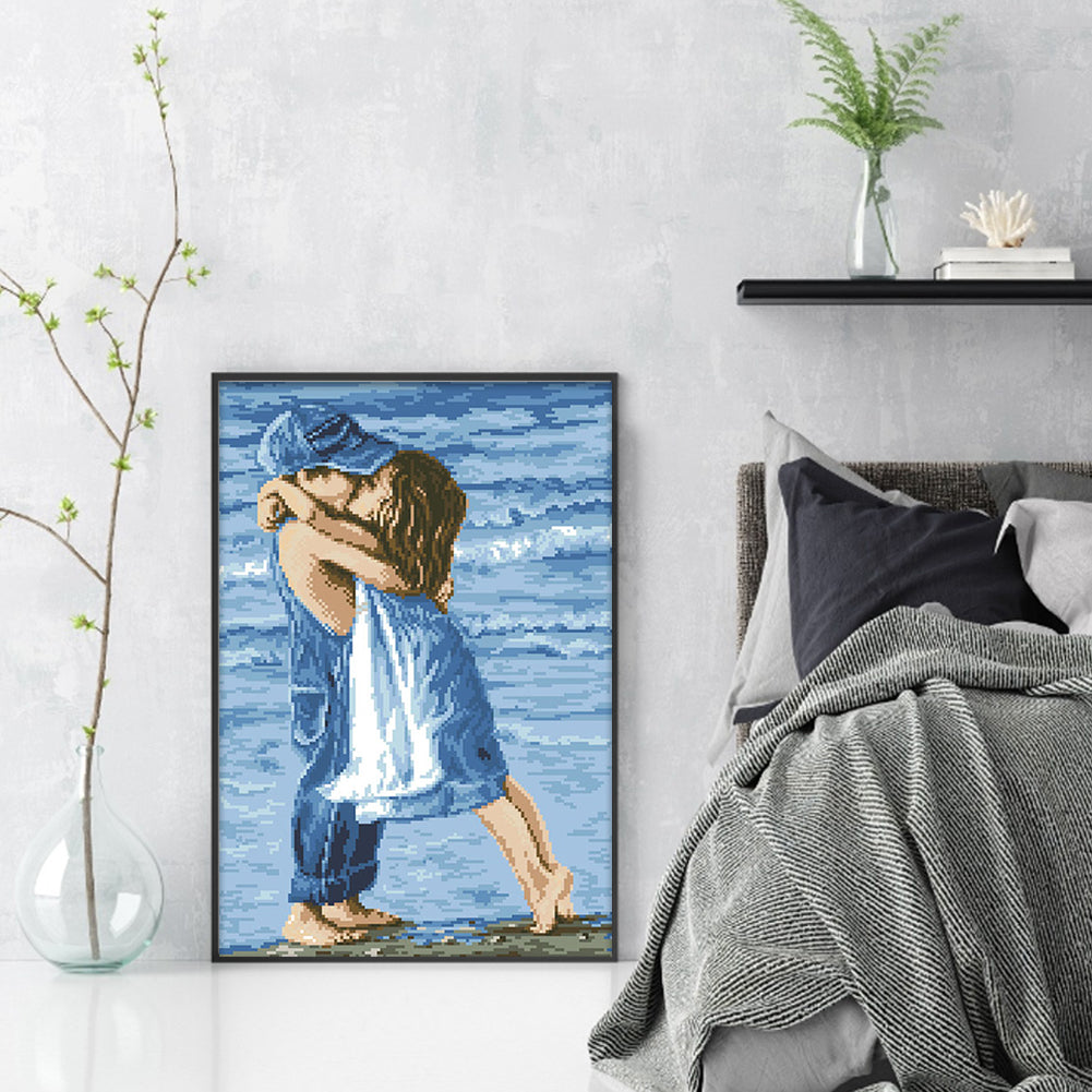 Lovers by the Sea - Partial  9CT Stamped Cross Stitch - Bead Embroidery 36x53CM/14.17x20.87in
