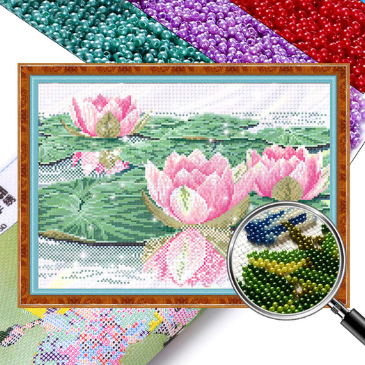 Lotus - Partial  9CT Stamped Cross Stitch - Bead Embroidery 47x34CM/18.50x13.39in