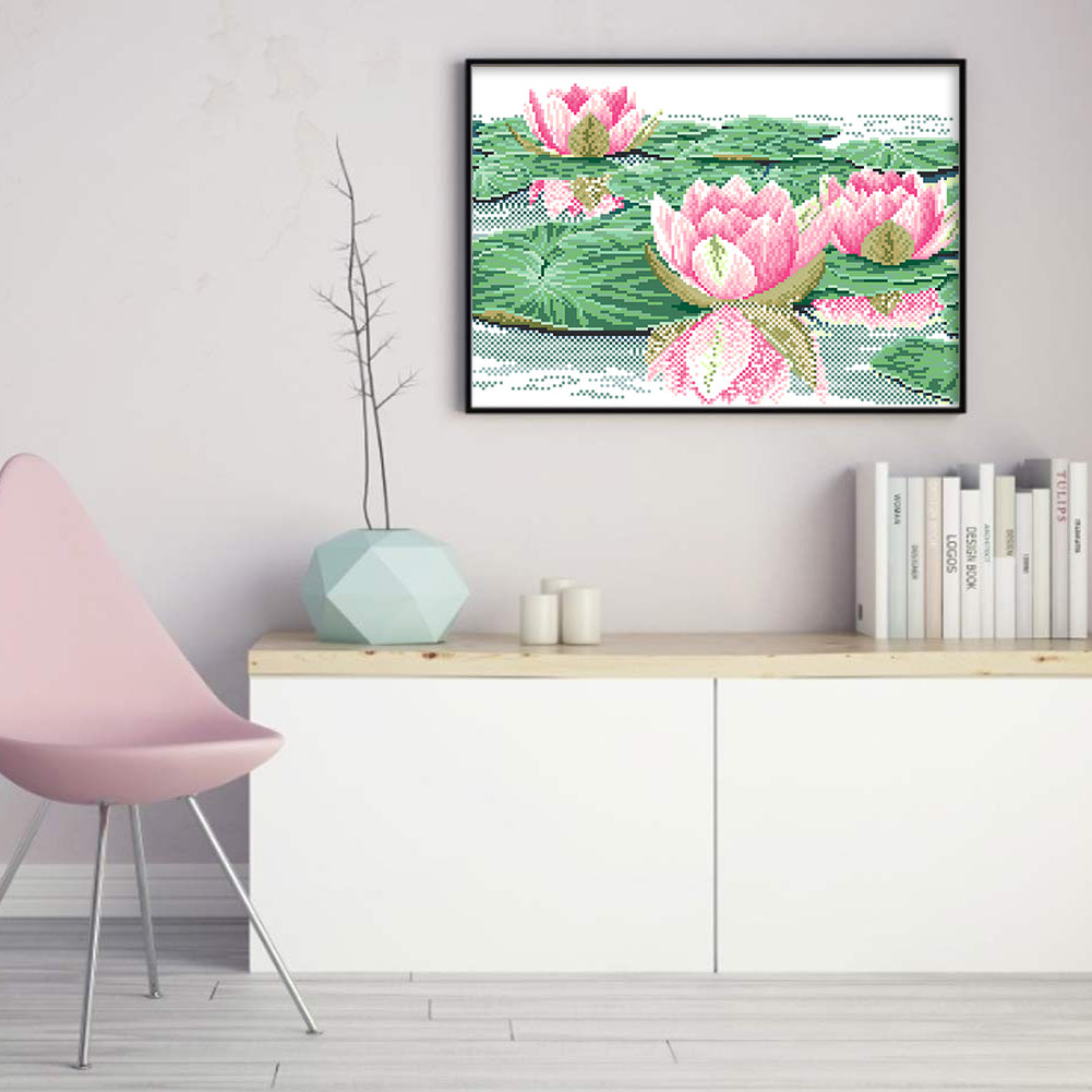 Lotus - Partial  9CT Stamped Cross Stitch - Bead Embroidery 47x34CM/18.50x13.39in