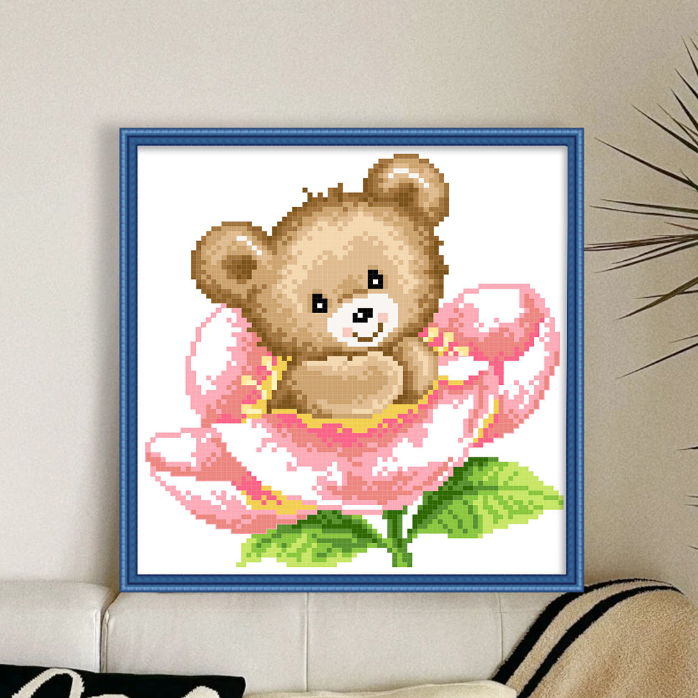 Bear Among Flowers - Partial  9CT Stamped Cross Stitch - Bead Embroidery 24x25CM/9.45x9.84in