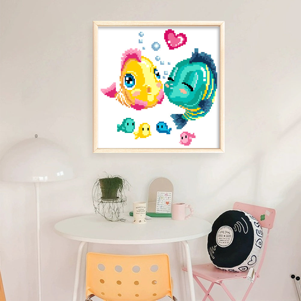 Kissing Fish - Partial  9CT Stamped Cross Stitch - Bead Embroidery 27x27CM/10.63x10.63in