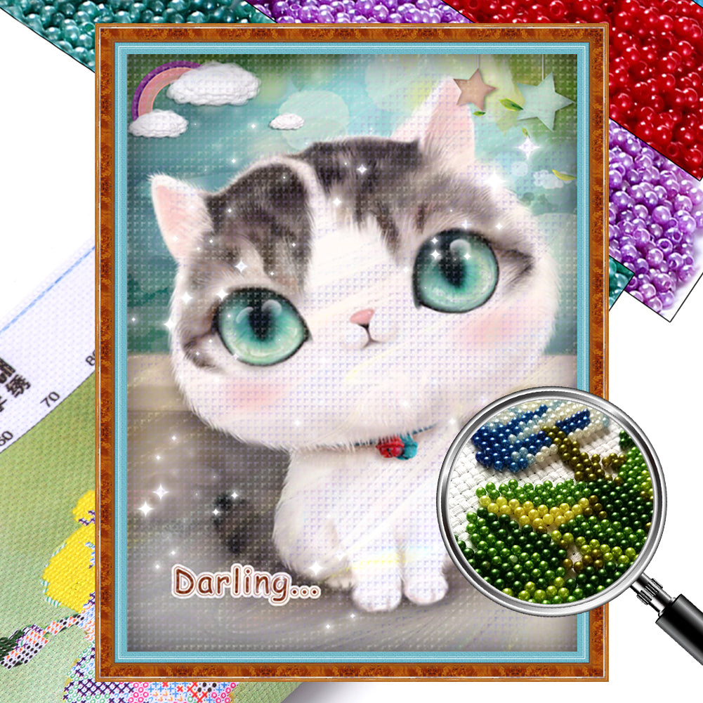 Cartoon Kitten - Partial  9CT Stamped Cross Stitch - Bead Embroidery 30x39CM/11.81x15.35in