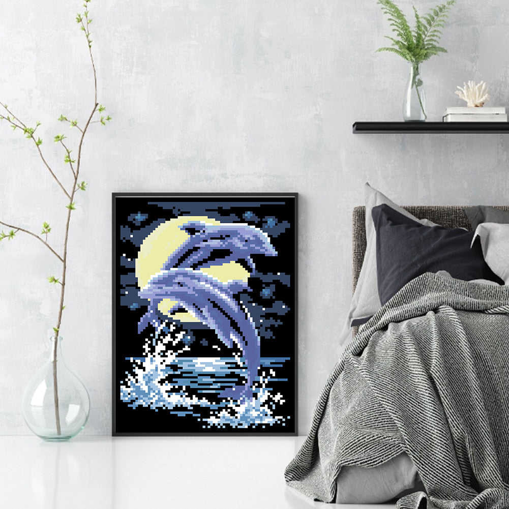 Dolphin Love - Partial  9CT Stamped Cross Stitch - Bead Embroidery 20x28CM/7.87x11.02in